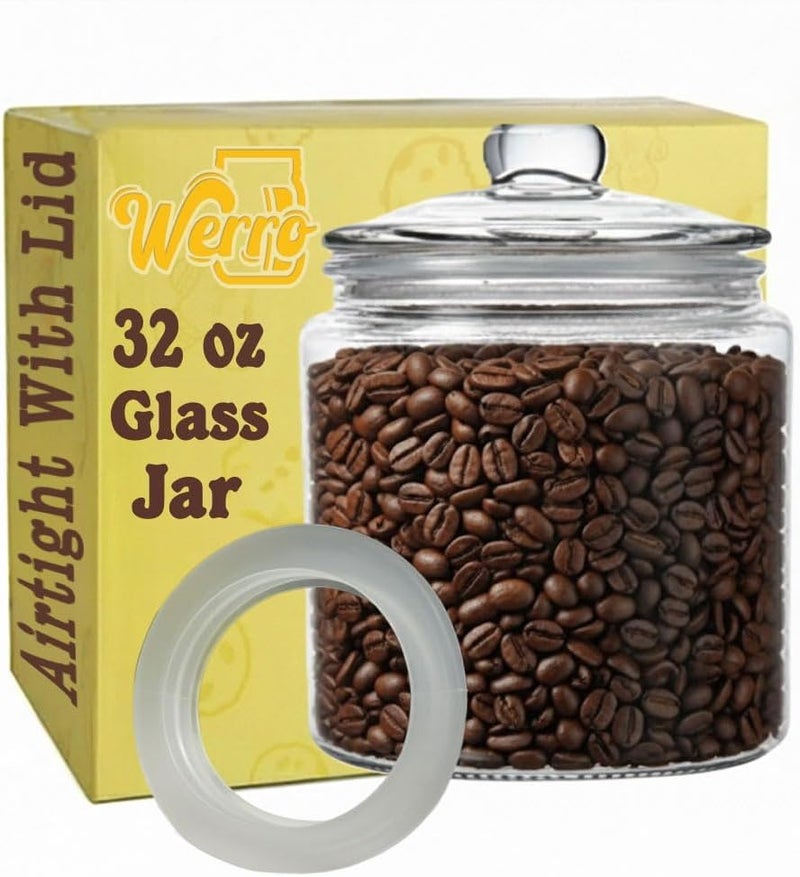 WERRO 32 oz Glass Jar With Lid - Coffee Canister - Extra Gasket - Glass Cookie Jar, Airtight Kitchen Storage Containers, Apothecary, Dog Treats, Tea, Candy, Spice, Sugar, Kitchen Jar for Pantry - Image 1
